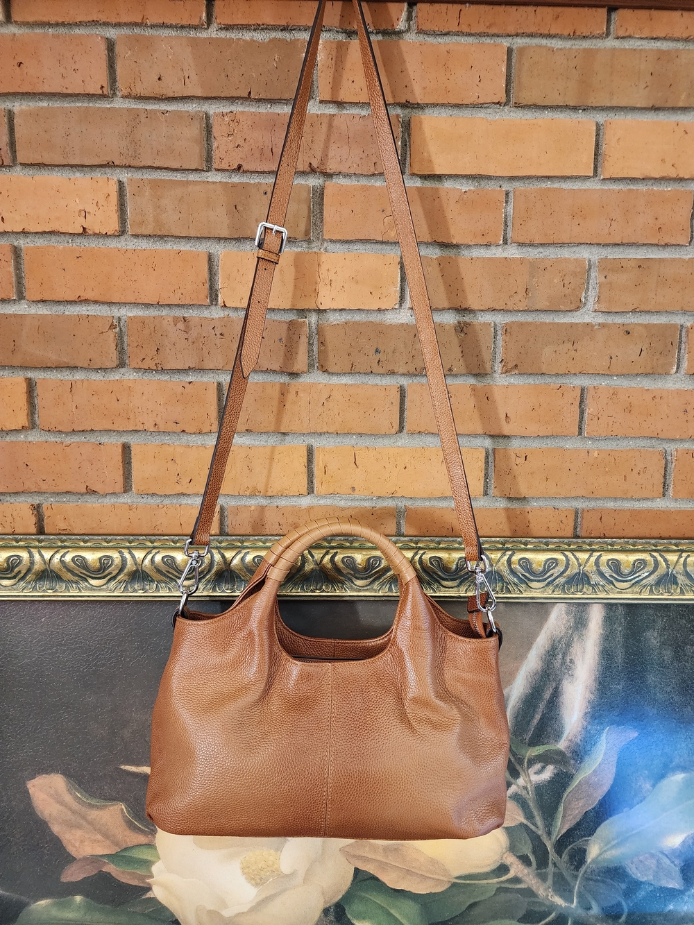 Structured Tan Leather Shoulder Bag with Wrapped Top Handle - Picture 10 of 15